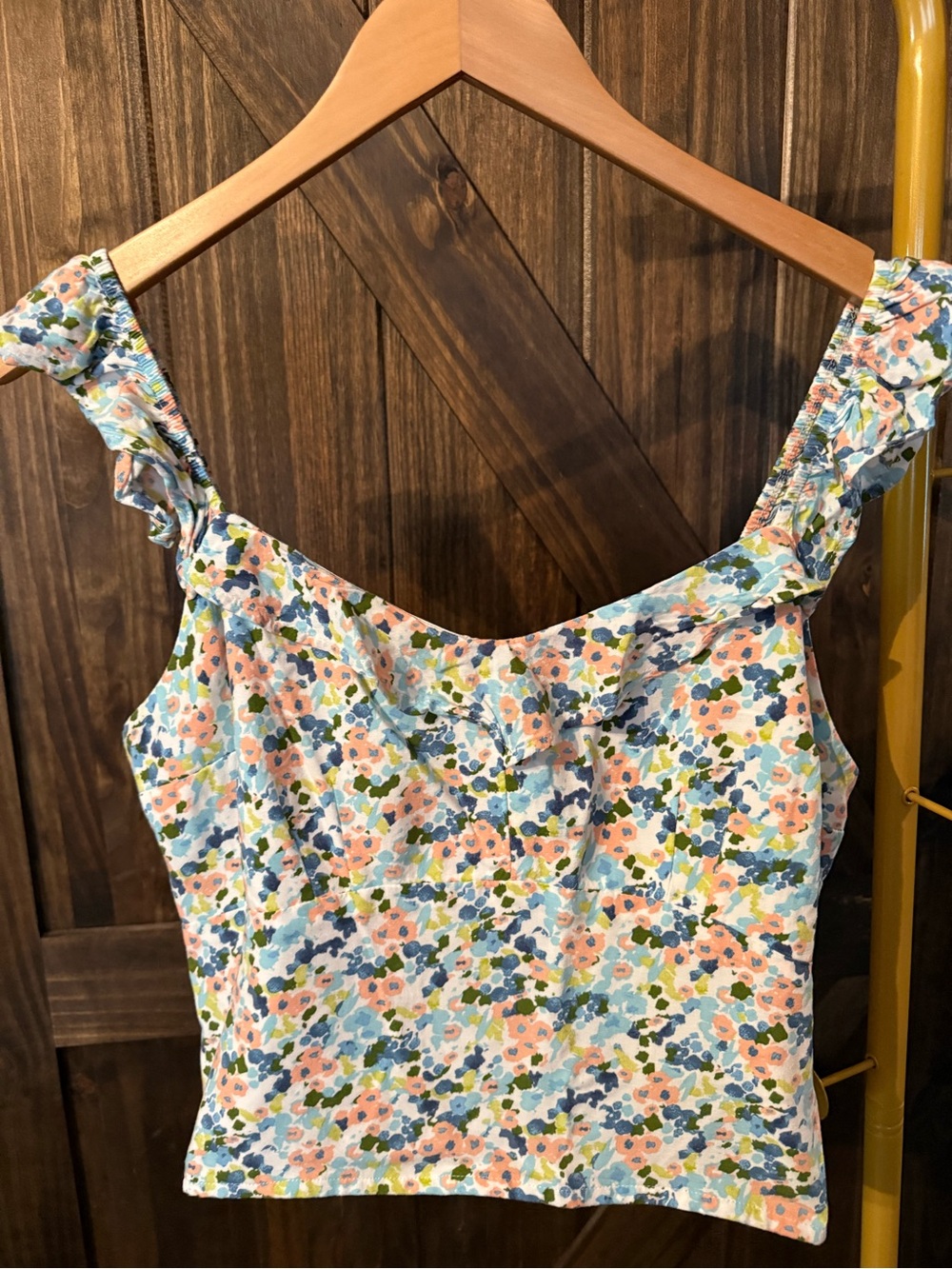 Abercrombie & Fitch Floral Ruffle-Strap Crop Top — Peach, Blue & Green